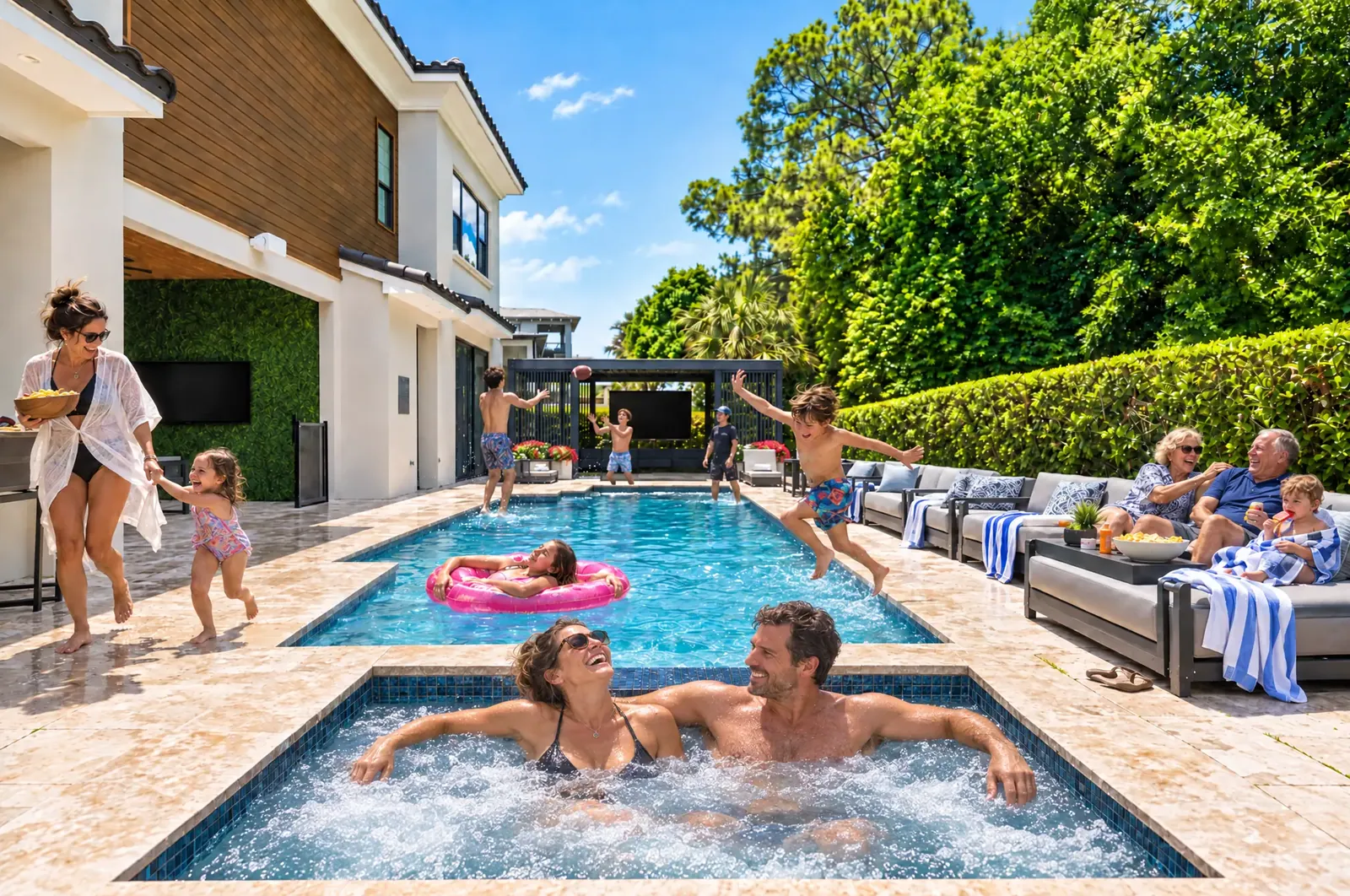 Parents in the hot tub while the kids swim