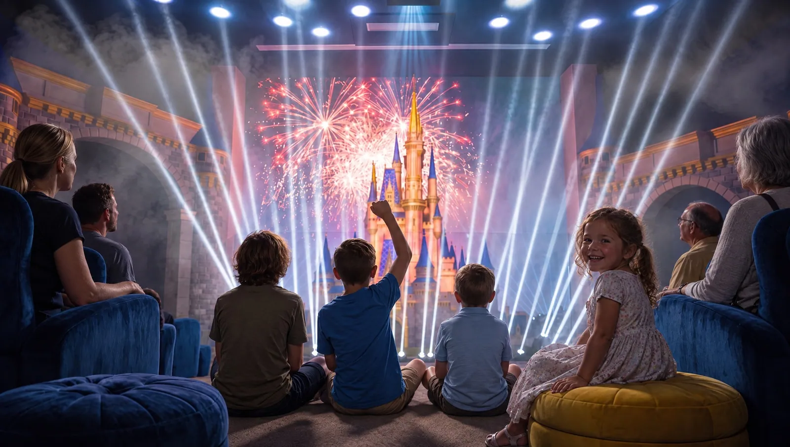 A family in MK Theater as fireworks burst over the castle