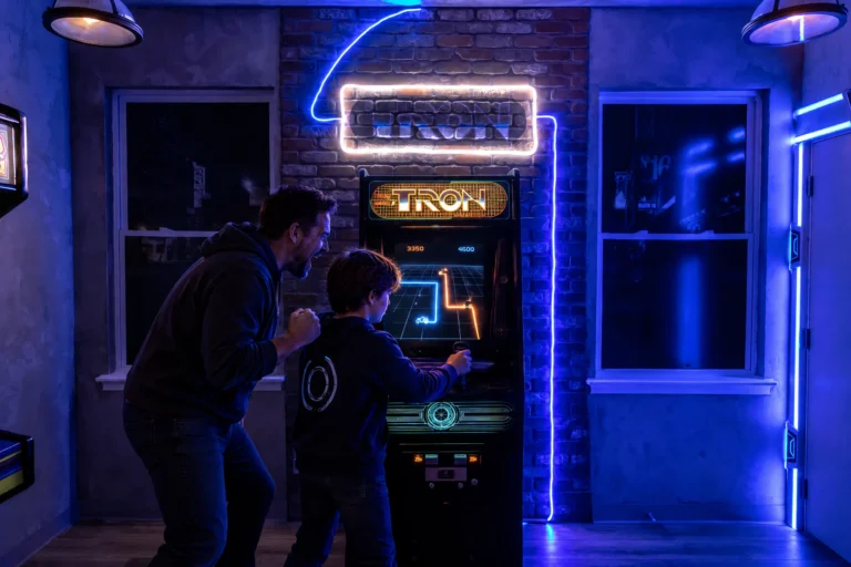 A dad and son play the Tron arcade machine in Flynn's Arcade at Electronic Ice Castle