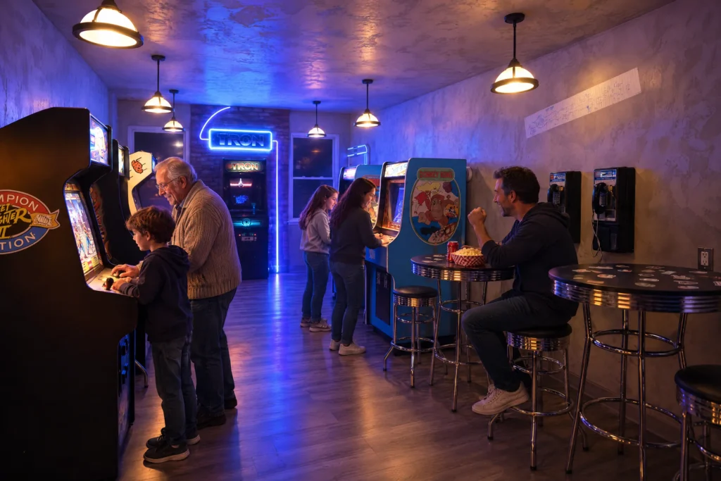 Three generations play classic arcade cabinets on family game night in Flynn's Arcade at Electronic Ice Castle