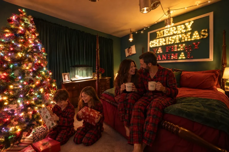 A family in matching pajamas opens presents with cocoa by the tree in Home Asleep at Electronic Ice Castle