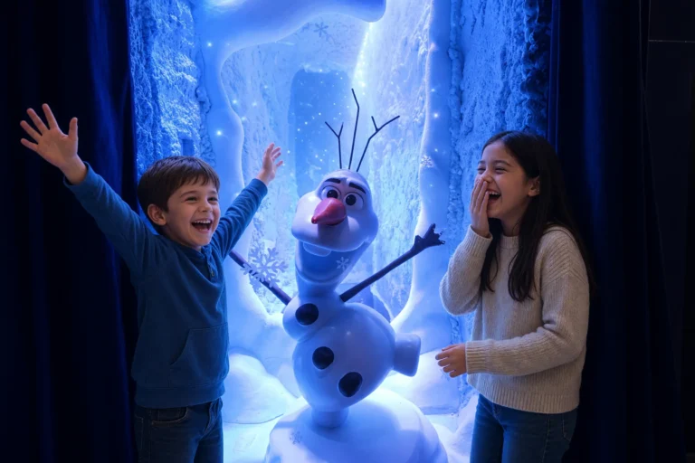 A boy throws his arm up to copy the snowman as his sister laughs in the Ice Princess Suite at Electronic Ice Castle