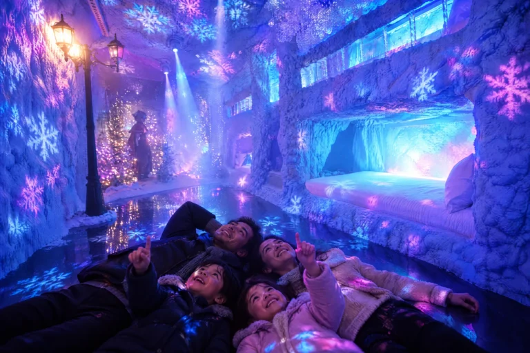 A family lies on the floor pointing up at the snowflake light show on the ceiling of the Ice Princess Suite at Electronic Ice Castle