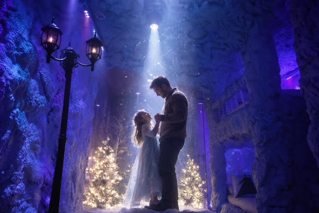A dad dances with his daughter under a spotlight in the snowy Ice Princess Suite at Electronic Ice Castle