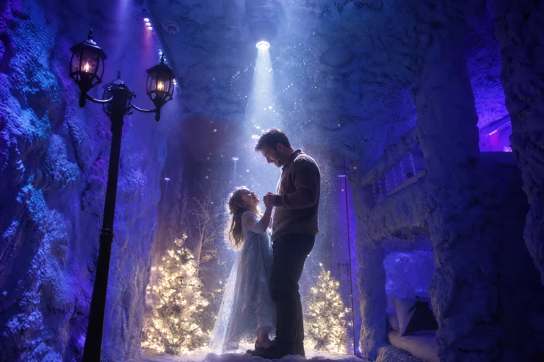 A dad dances with his daughter under a spotlight in the snowy Ice Princess Suite at Electronic Ice Castle