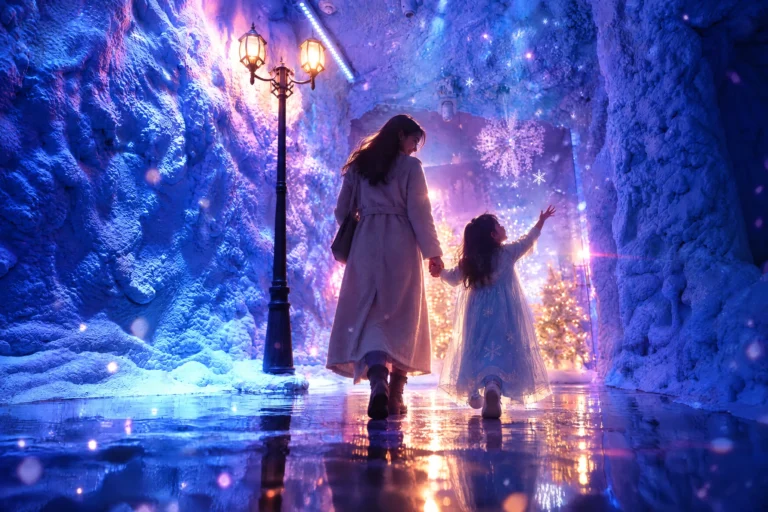 A mom and daughter walk hand in hand down the sparkling ice corridor into the Ice Princess Suite at Electronic Ice Castle
