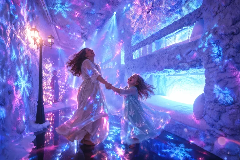 A mom and daughter spin and dance among glowing snowflakes beside the LED-lit bunks of the Ice Princess Suite at Electronic Ice Castle