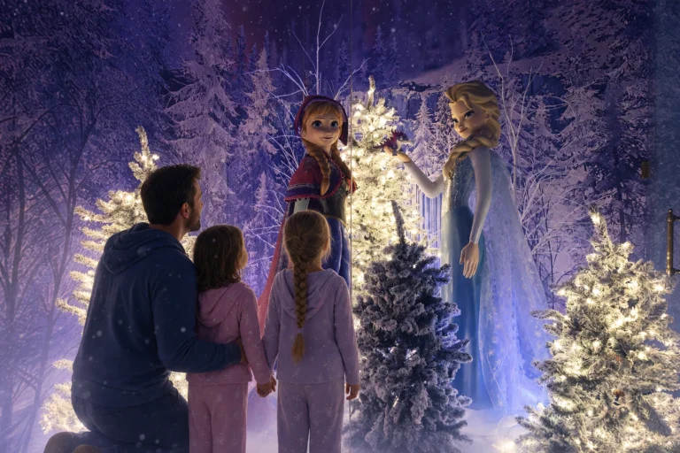 A dad and two daughters stand in awe before the ice princess statues and lit trees in the Ice Princess Suite at Electronic Ice Castle