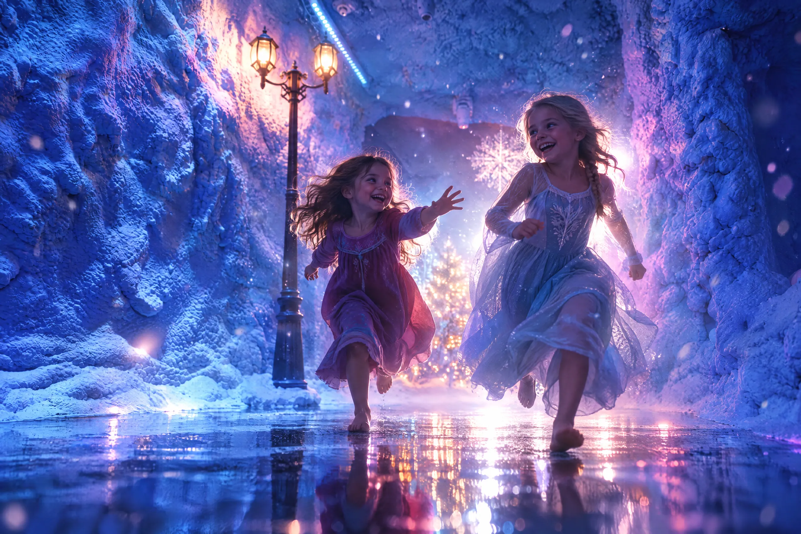 Sisters racing down the snowy corridor in the Ice Princess Suite