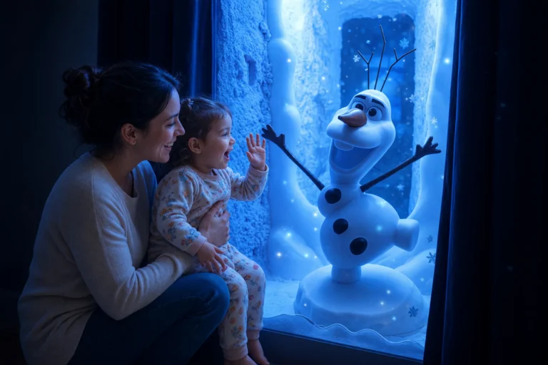 A mom and toddler wave at the snowman behind the glass window in the Ice Princess Suite at Electronic Ice Castle