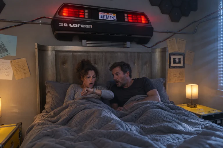 A couple checks the time in bed under the glowing time machine headboard in Nap to the Future at Electronic Ice Castle