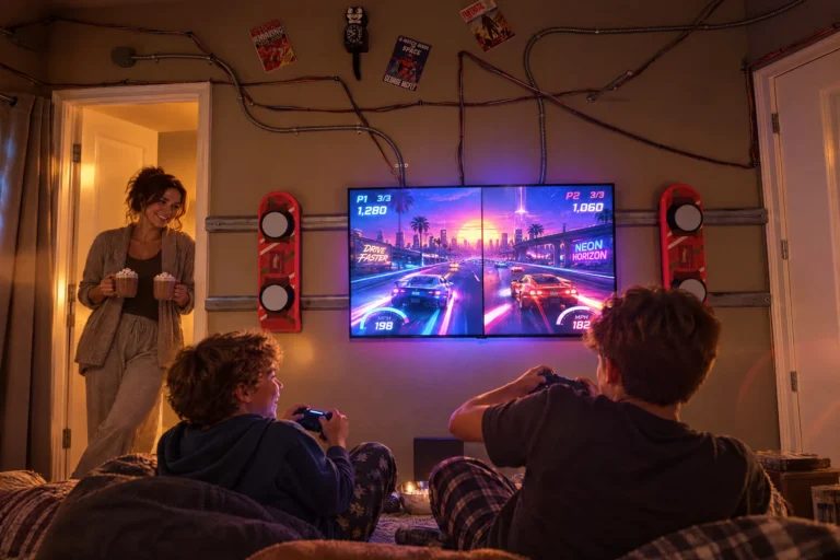 Brothers race each other on the video game as mom looks in, in the Nap to the Future bedroom at Electronic Ice Castle