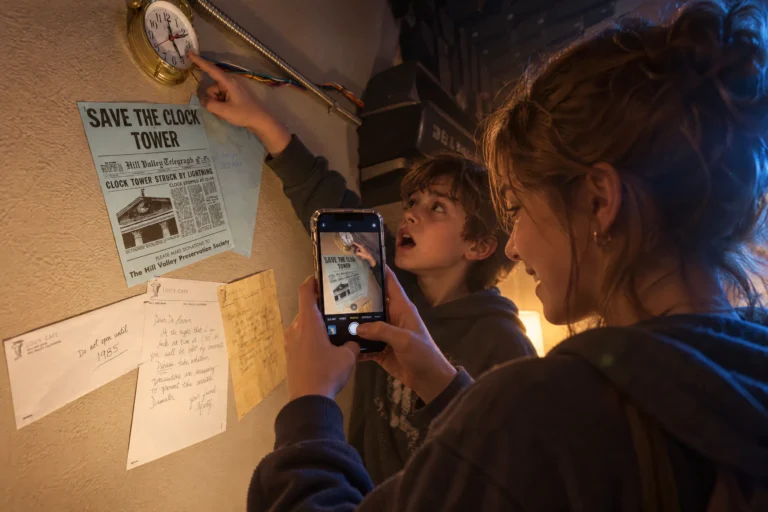 A mom and son photograph the clock tower flyer on the wall of Nap to the Future at Electronic Ice Castle