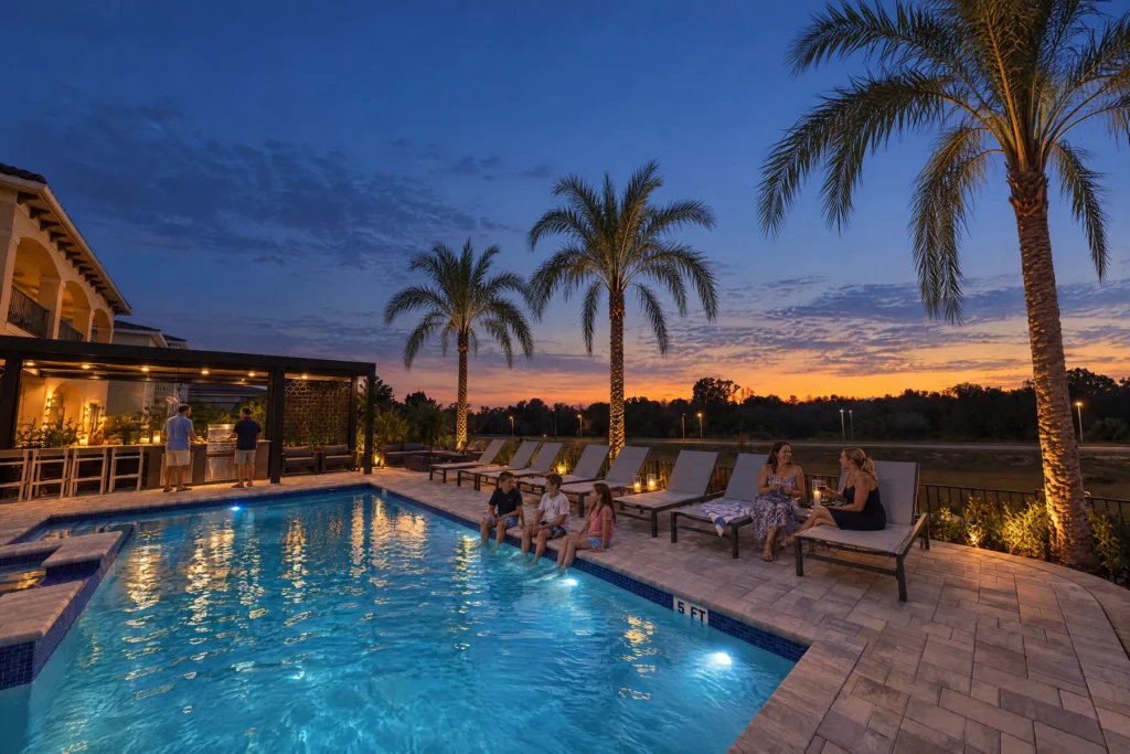 Two families enjoy the long private pool and sun loungers at dusk at The Electronic Ice Castle