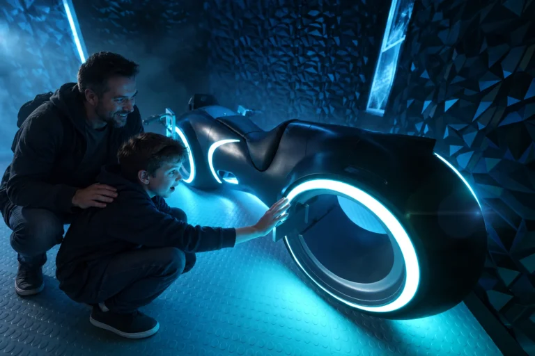 A boy and his dad touch the glowing wheel of the neon motorcycle in The Grid "The Secret Suite" at Electronic Ice Castle