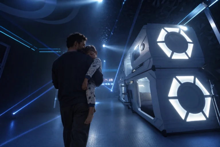 A dad carries his sleeping son past the glowing bunk pods of The Grid "The Secret Suite" at Electronic Ice Castle