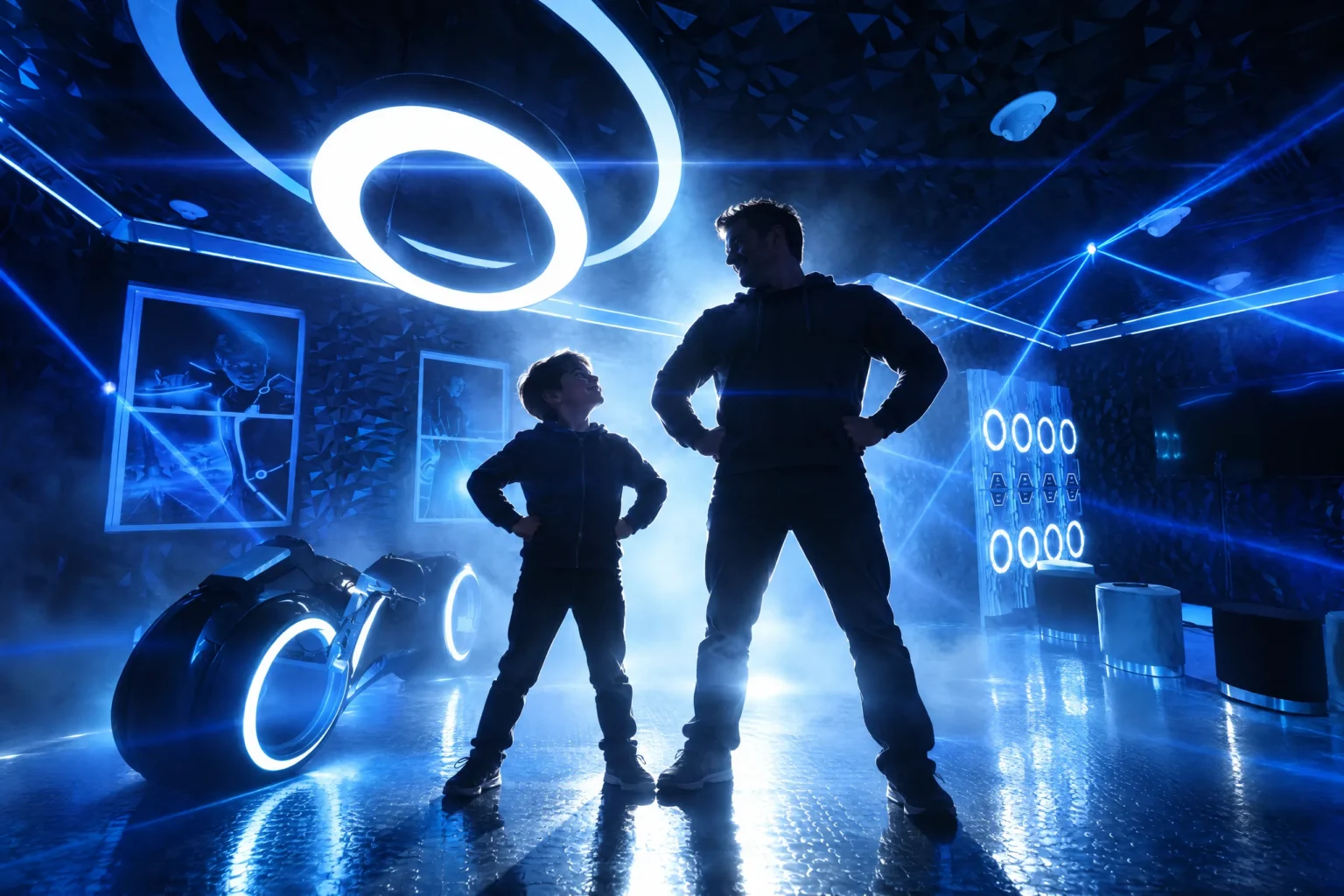 A dad and son striking hero poses in The Grid "The Secret Suite"
