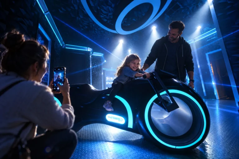 A girl rides the glowing neon motorcycle while mom snaps a photo in The Grid "The Secret Suite" at Electronic Ice Castle