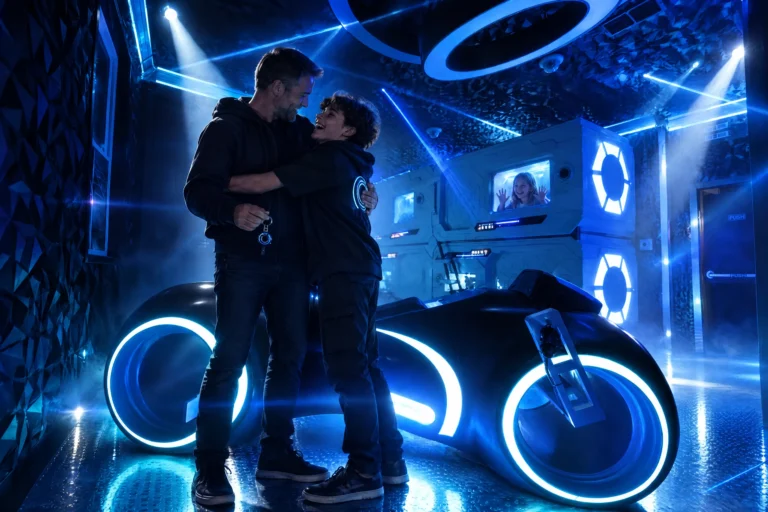 A dad hugs his son beside the glowing neon motorcycle in The Grid "The Secret Suite" at Electronic Ice Castle
