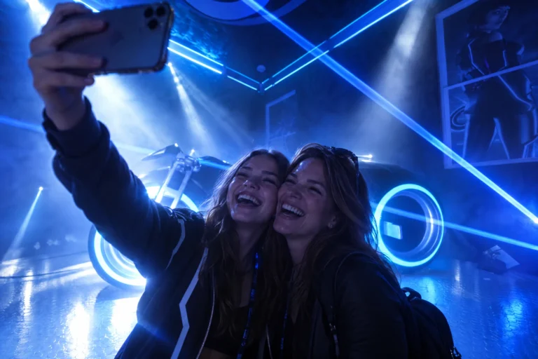 A mom and daughter take a selfie under crossing blue lasers in The Grid "The Secret Suite" at Electronic Ice Castle