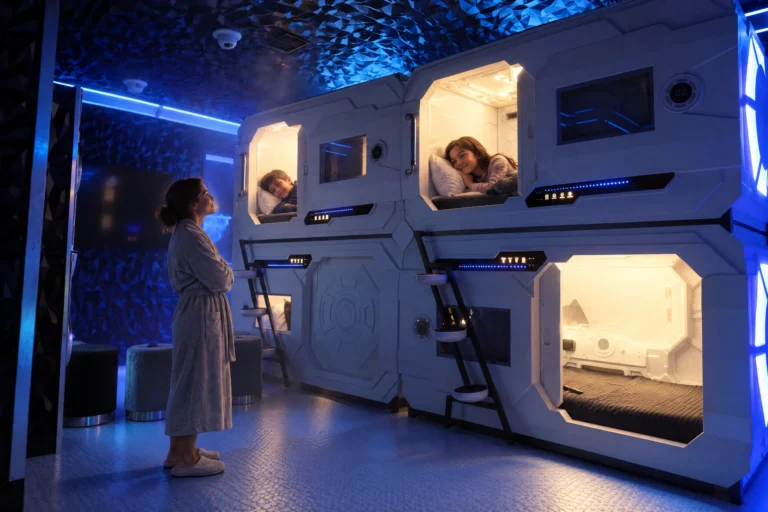 A mom says goodnight to her kids tucked into the lit sleeping pods of The Grid "The Secret Suite" at Electronic Ice Castle
