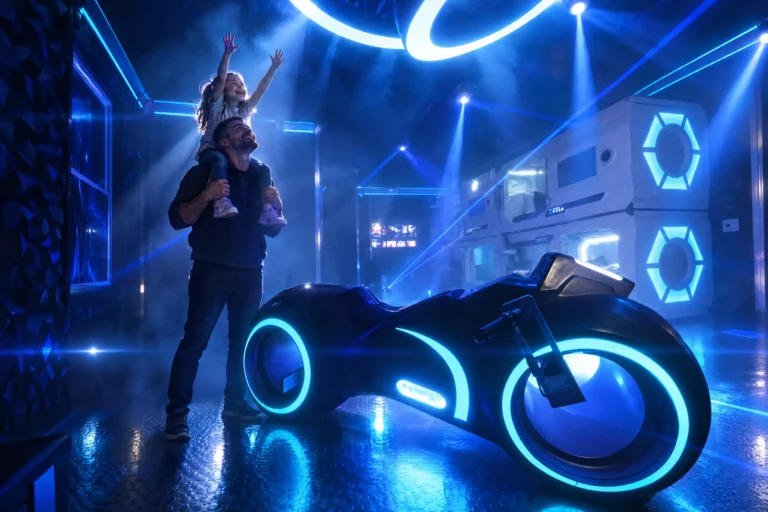 A girl on her dad's shoulders reaches for the glowing light ring in The Grid "The Secret Suite" at Electronic Ice Castle