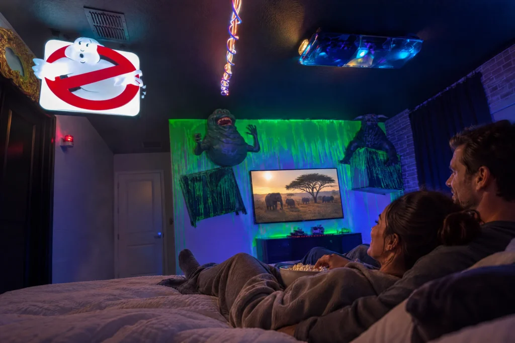 Parents share popcorn and a movie in bed in the Snoozebusters suite at The Electronic Ice Castle