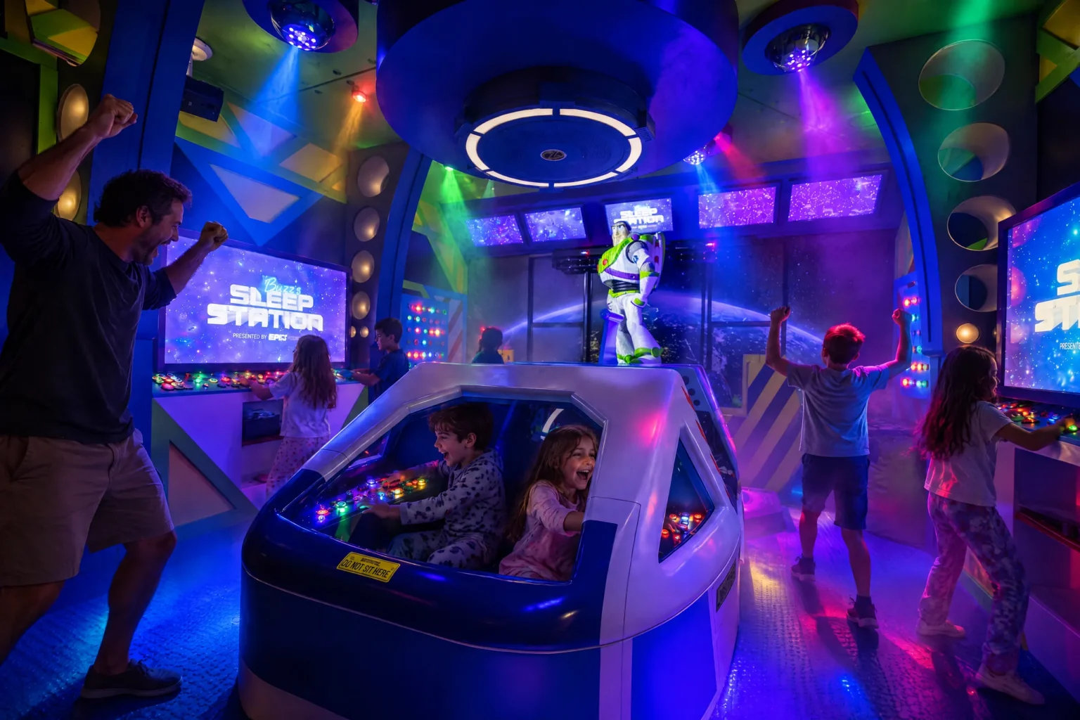 Kids pilot the glowing spaceship while dad and the kids dance in Buzz's Sleep Station