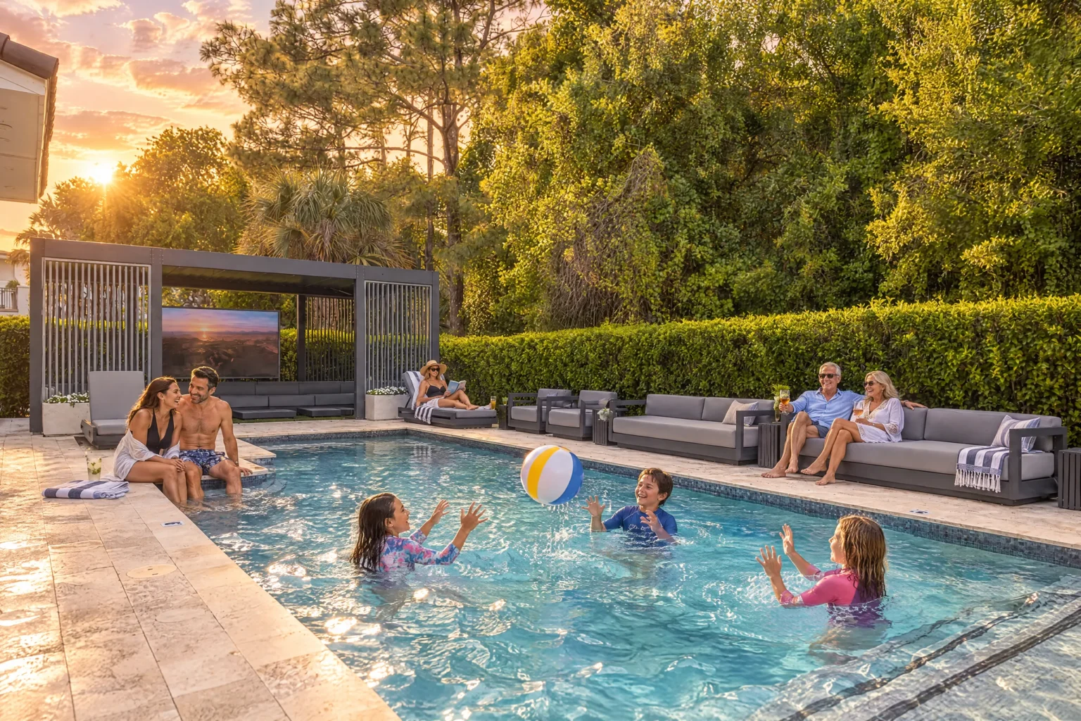 Kids toss a beach ball in the pool at sunset while the grown-ups relax at Poolside Vibes, The Iron Mansion