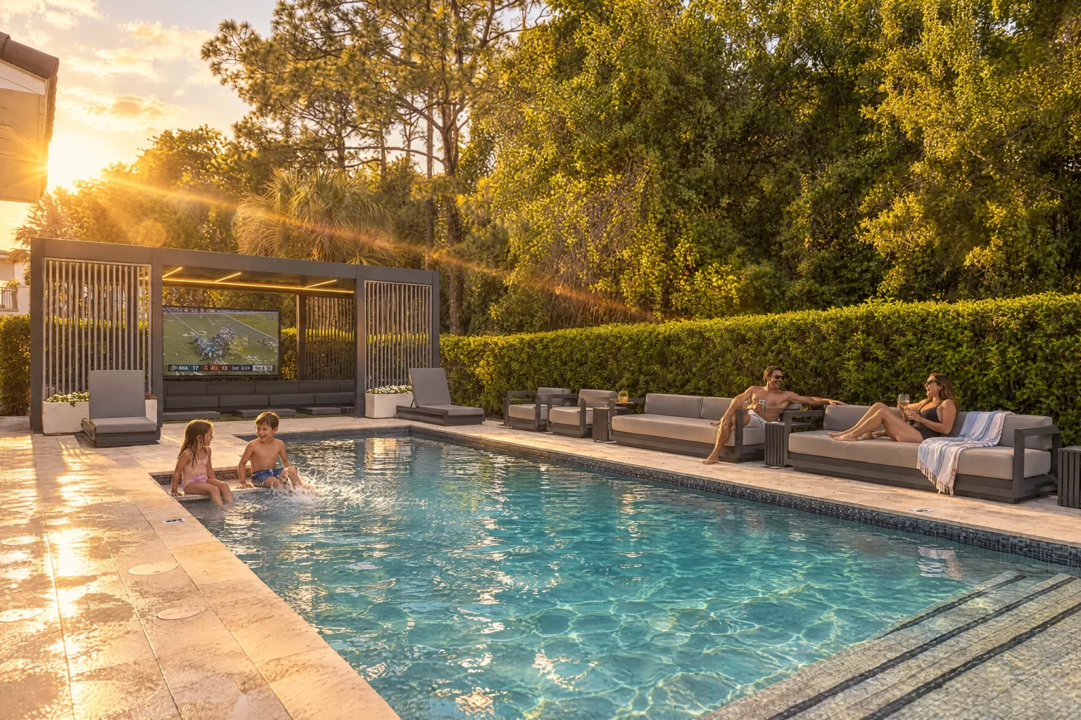 Kids play in the pool at golden hour at Poolside Vibes, The Iron Mansion
