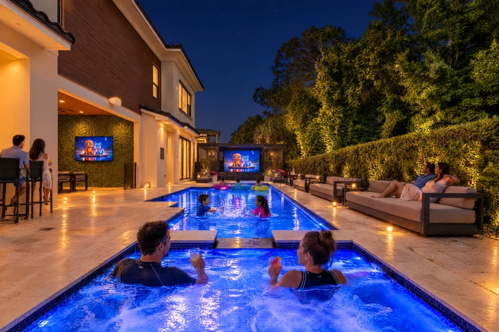 Kids swim in the glowing pool while a movie plays on both outdoor screens at Poolside Vibes, The Iron Mansion