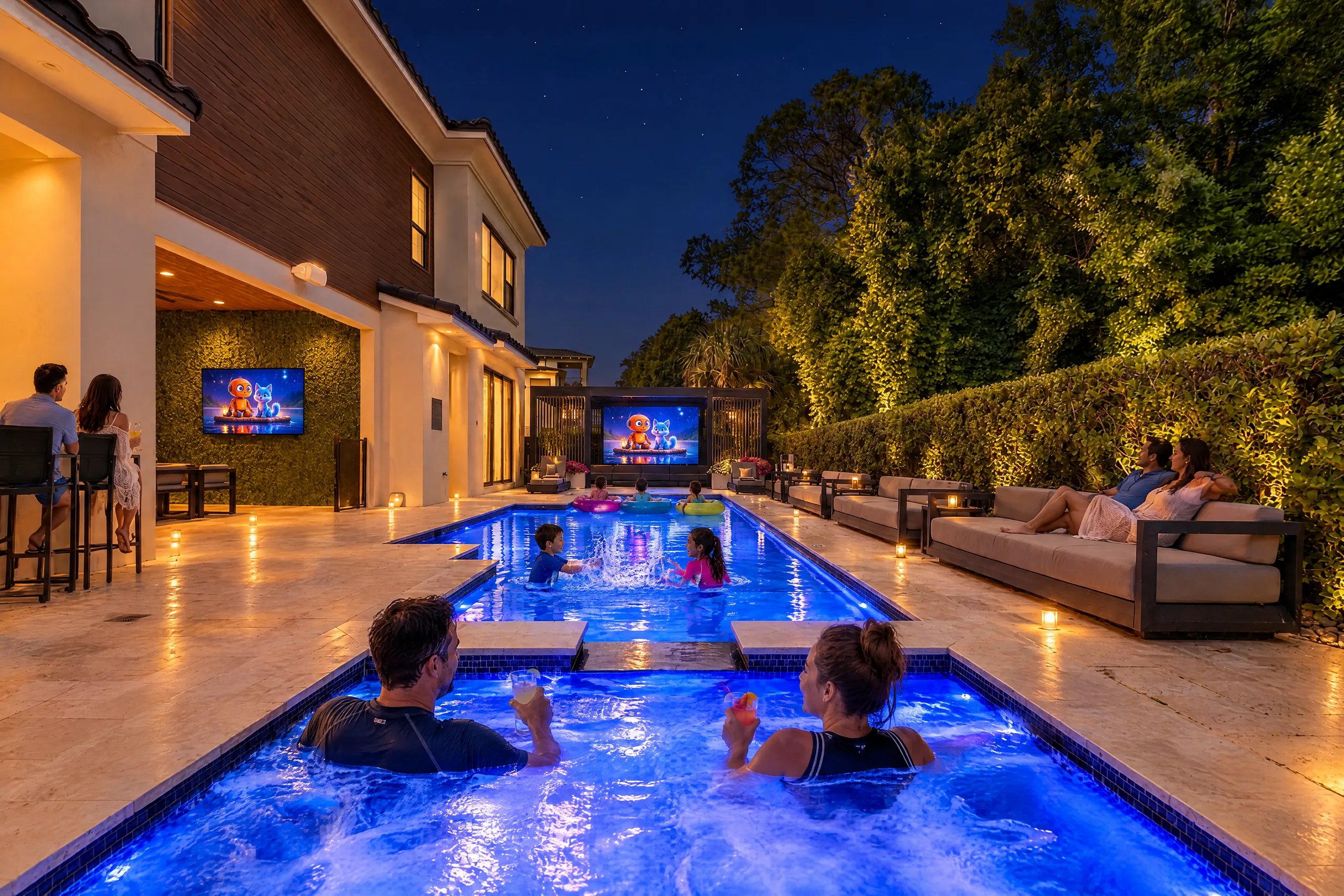 Kids swim in the glowing pool while a movie plays on both outdoor screens at Poolside Vibes