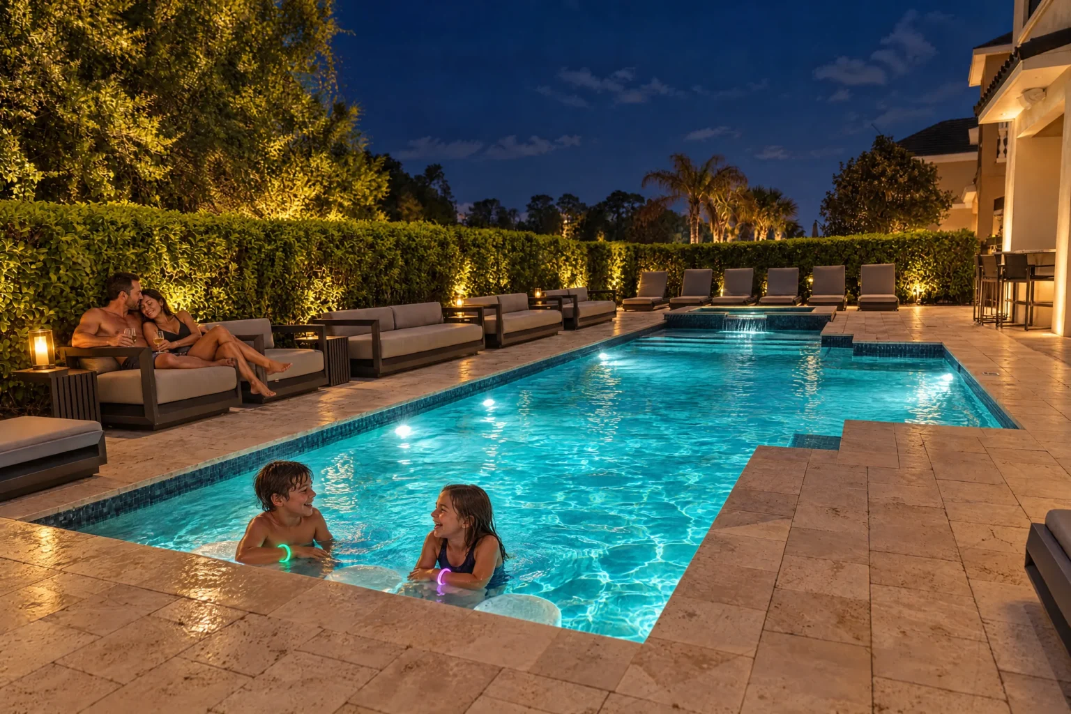 Kids swim in the glowing pool at night while parents relax at Poolside Vibes