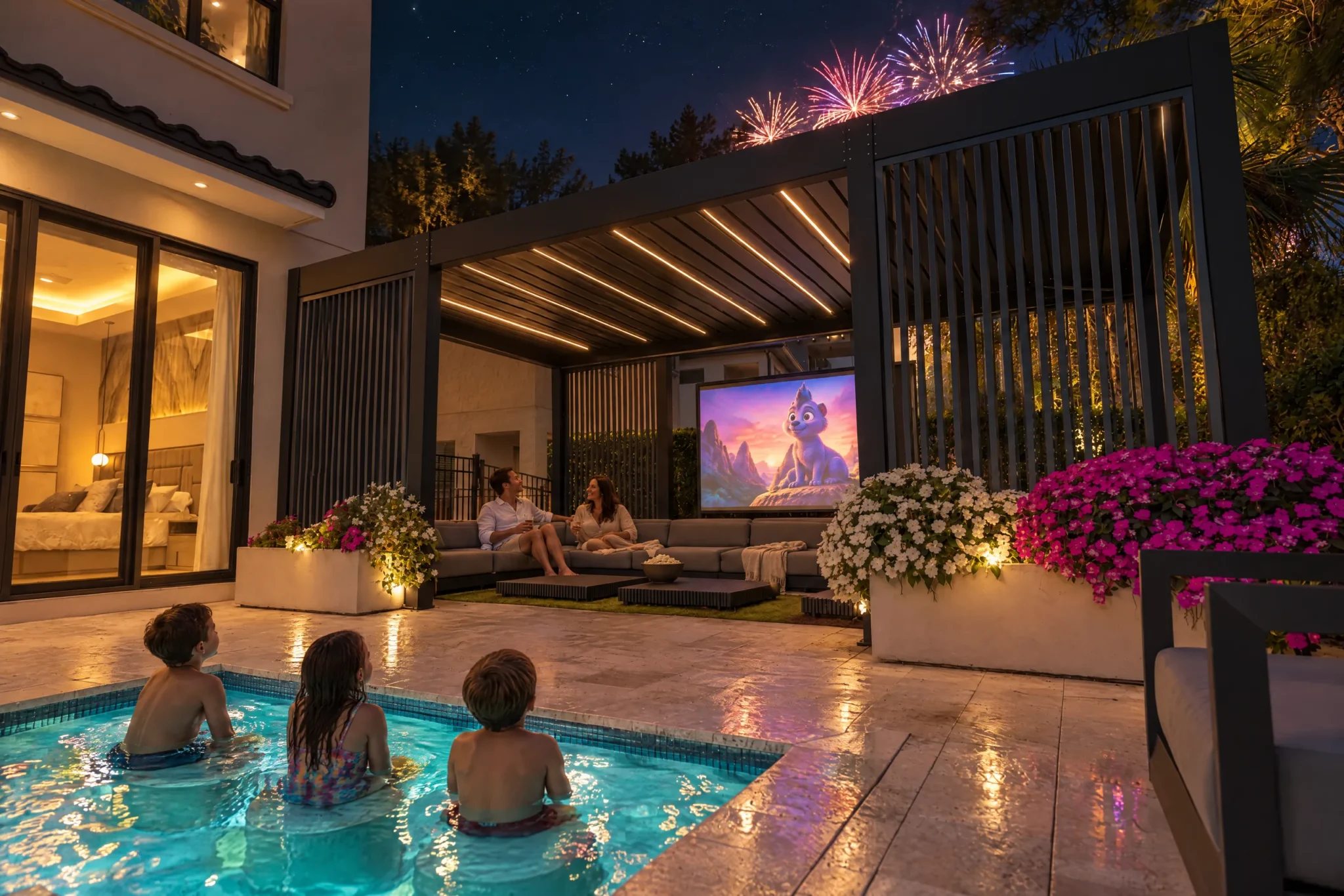 Kids watch fireworks from the in-pool seats as a movie plays at Poolside Vibes, The Iron Mansion