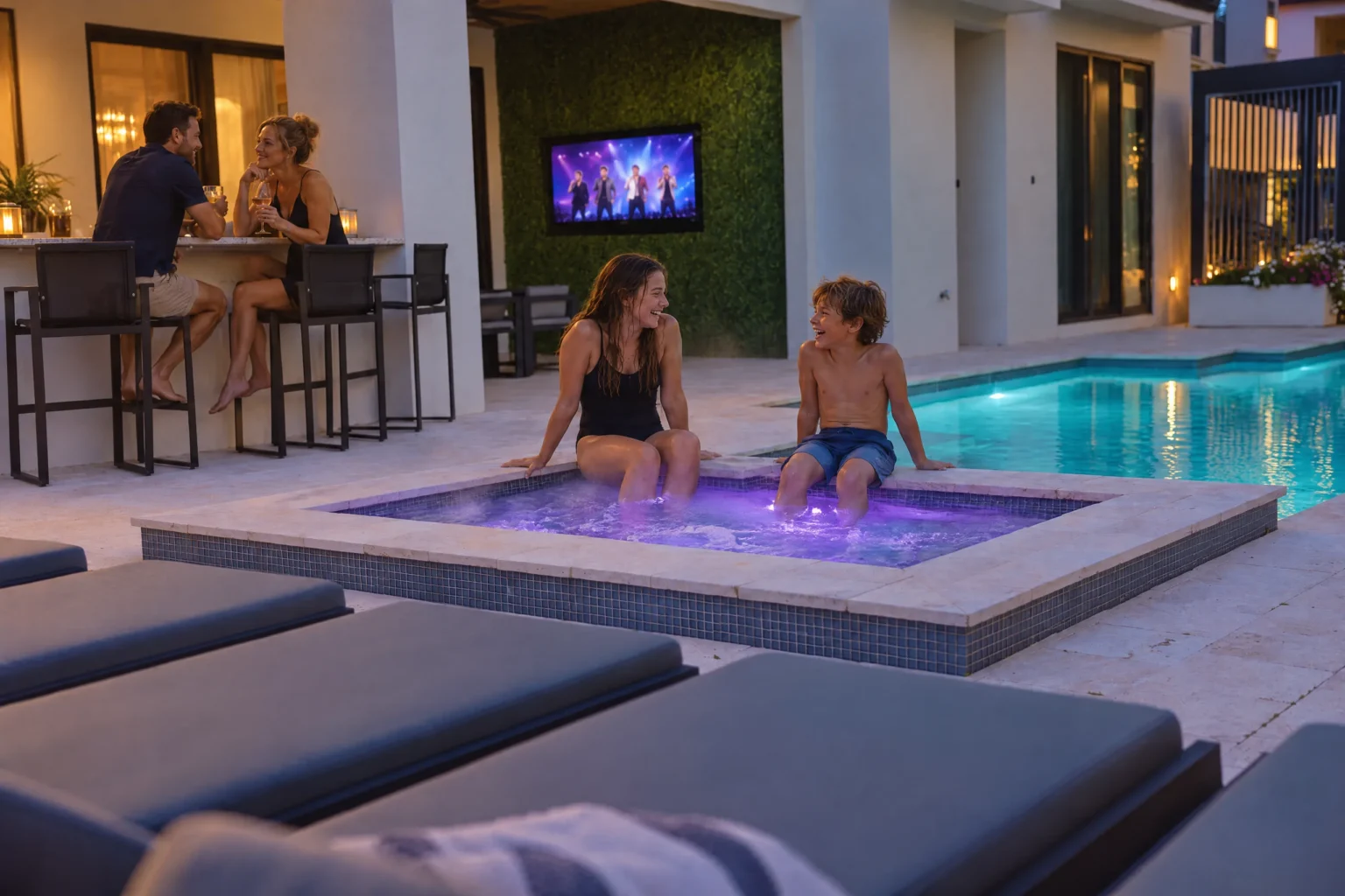 Mom and her son relax at the glowing spa at dusk at Poolside Vibes, The Iron Mansion