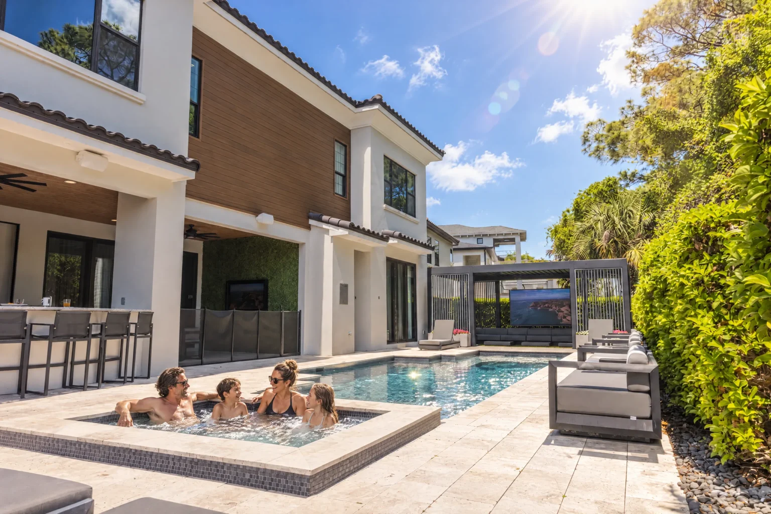 The family soaks in the spa on a sunny afternoon at Poolside Vibes, The Iron Mansion