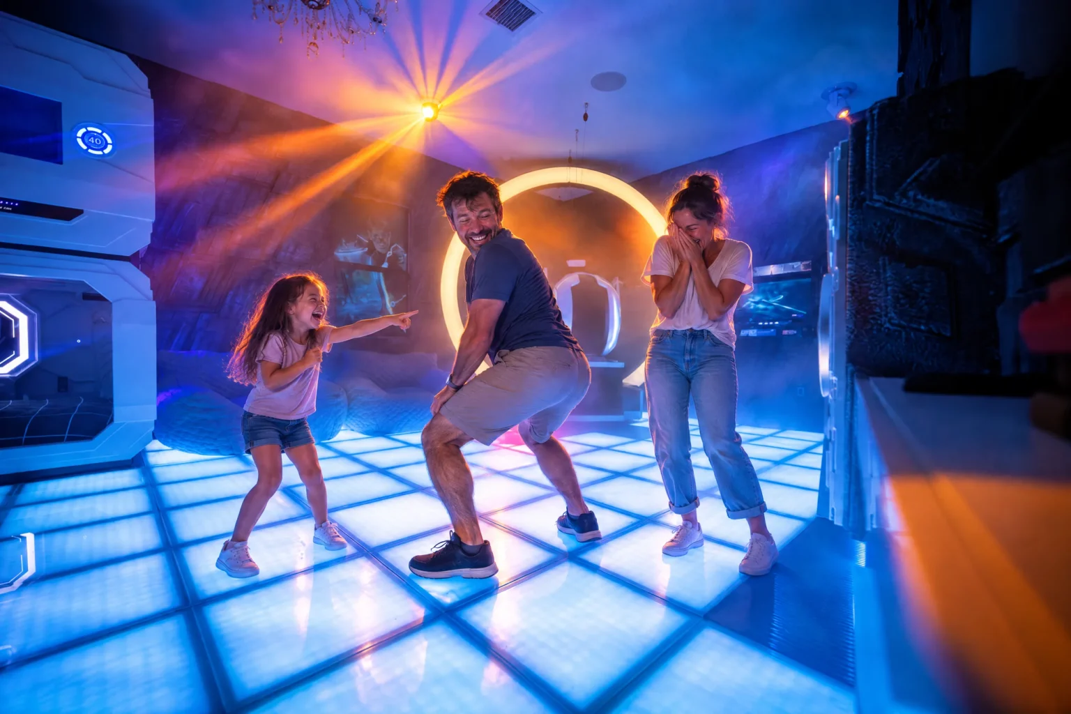 Dad shows off his moves on the lit dance floor in The Grid as his daughters laugh at The Iron Mansion