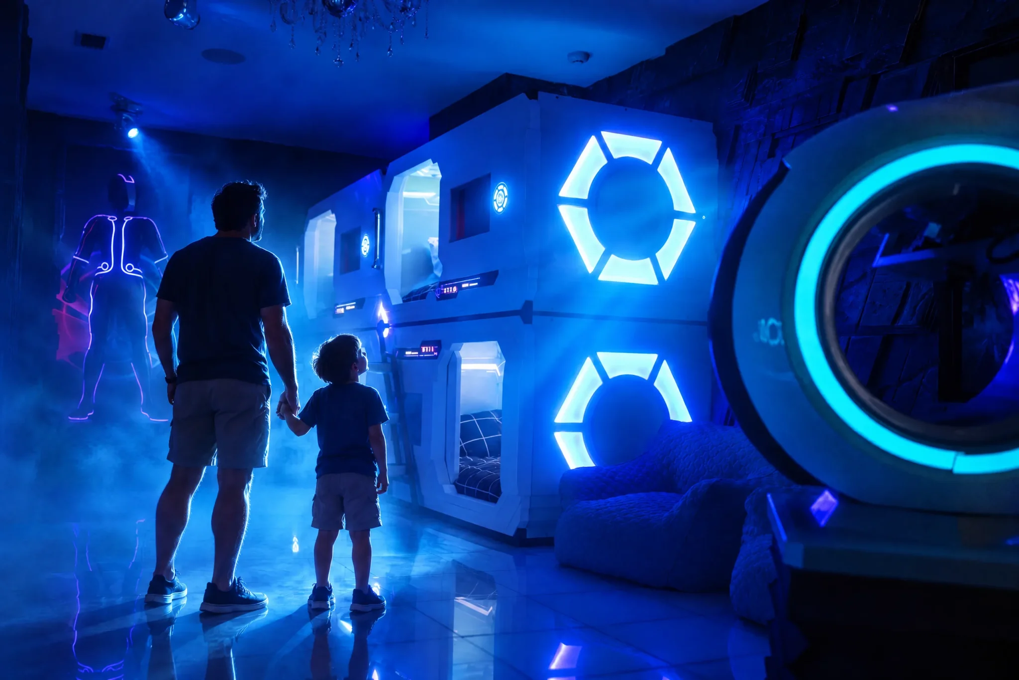 A dad and his son walk hand in hand toward the glowing portal in The Grid at The Iron Mansion