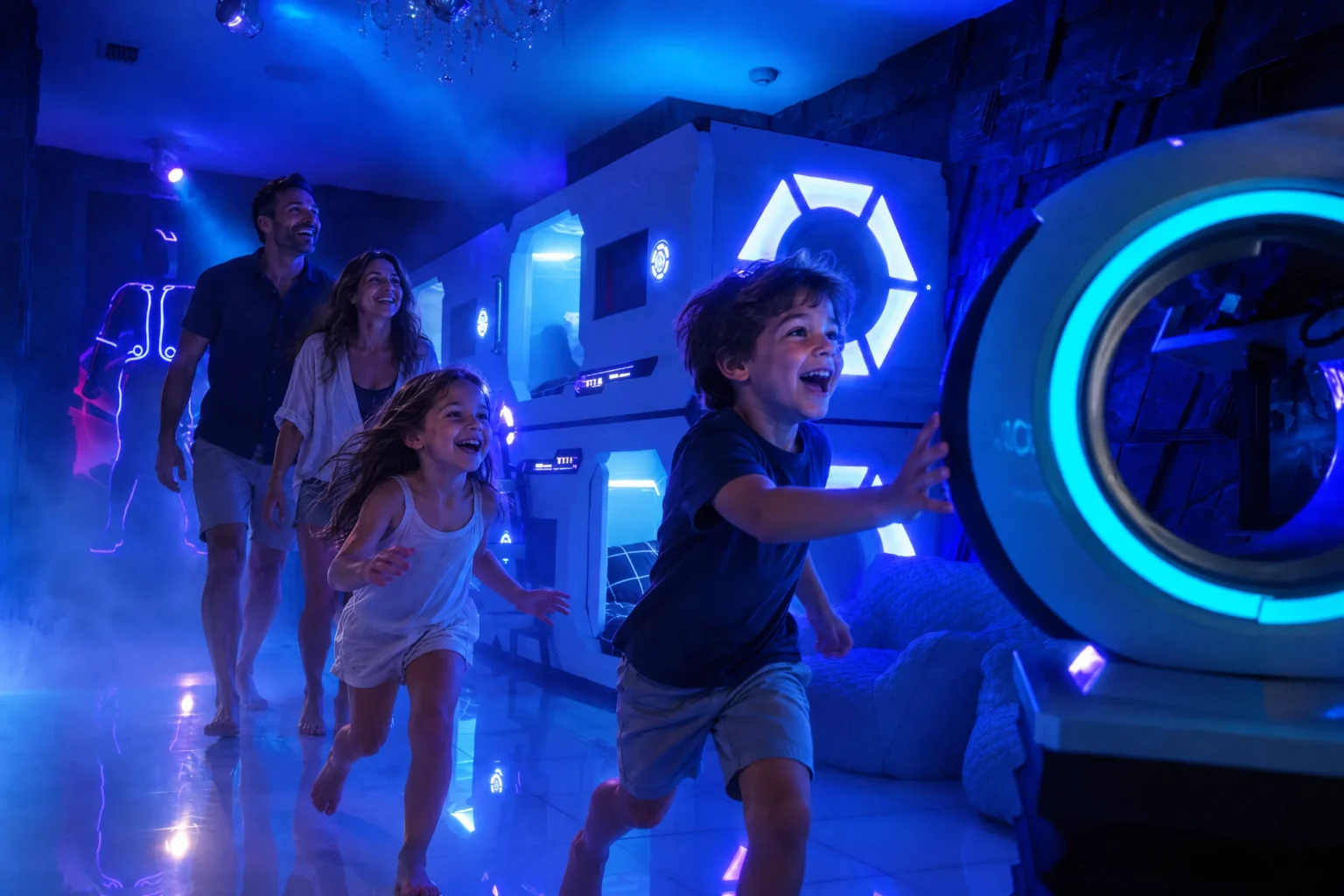 Kids race into The Grid "The Secret Suite" as their parents follow at The Iron Mansion