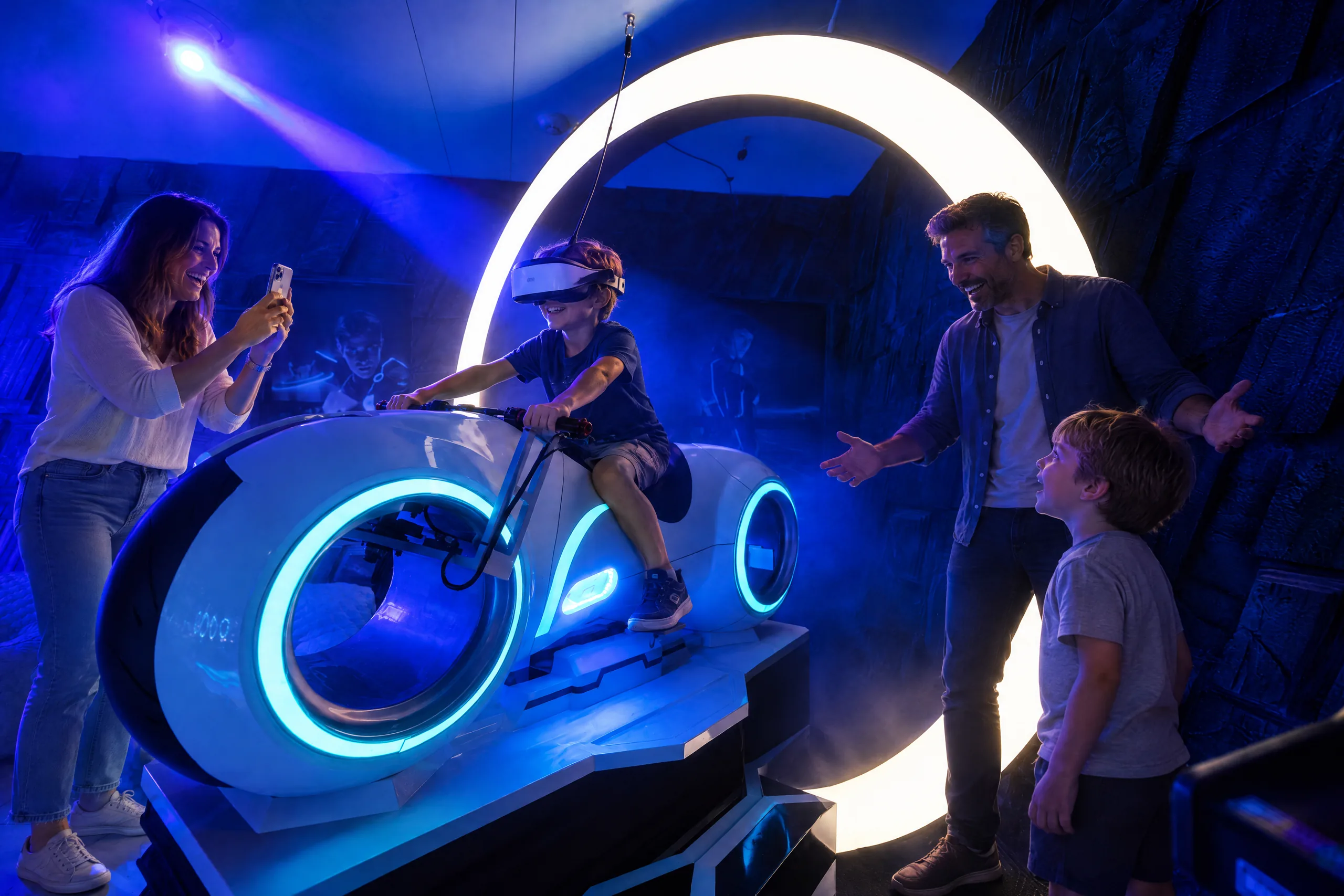 A boy rides the glowing light cycle while mom films and dad cheers in The Grid