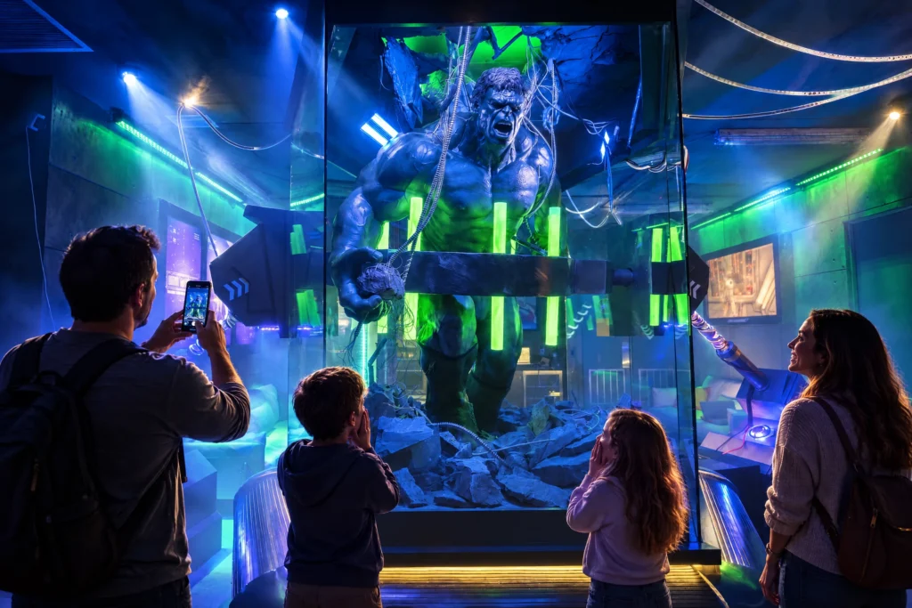 A dad snaps a photo as the kids stare up at the giant green figure in its glass case in Tony's Lab at The Iron Mansion
