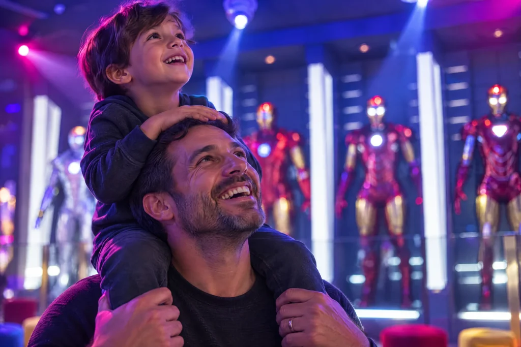 A boy on his dad's shoulders gazes up at the armored suits in Tony's Lab