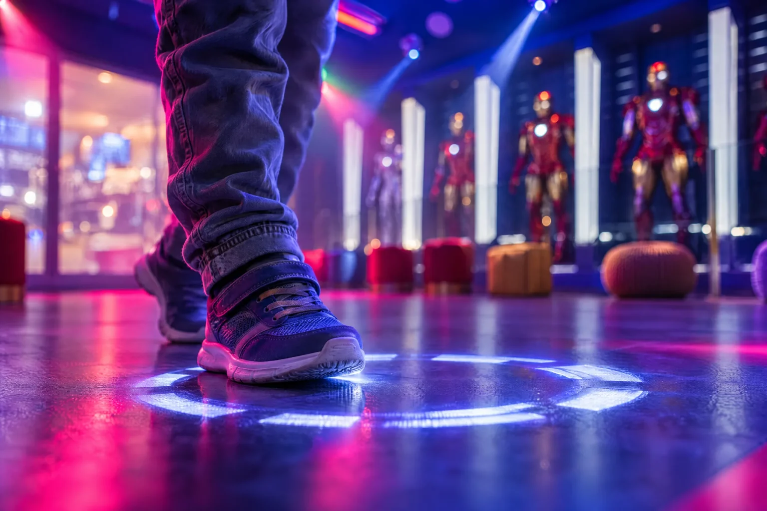 A child's sneakers step onto the glowing floor in front of the armored suits in Tony's Lab at The Iron Mansion