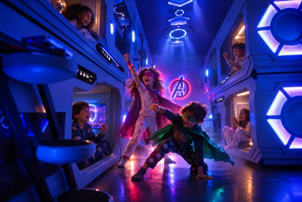 Kids in costumes strike poses between the bunk pods in the Stark Tactical Recovery Wing at The Iron Mansion