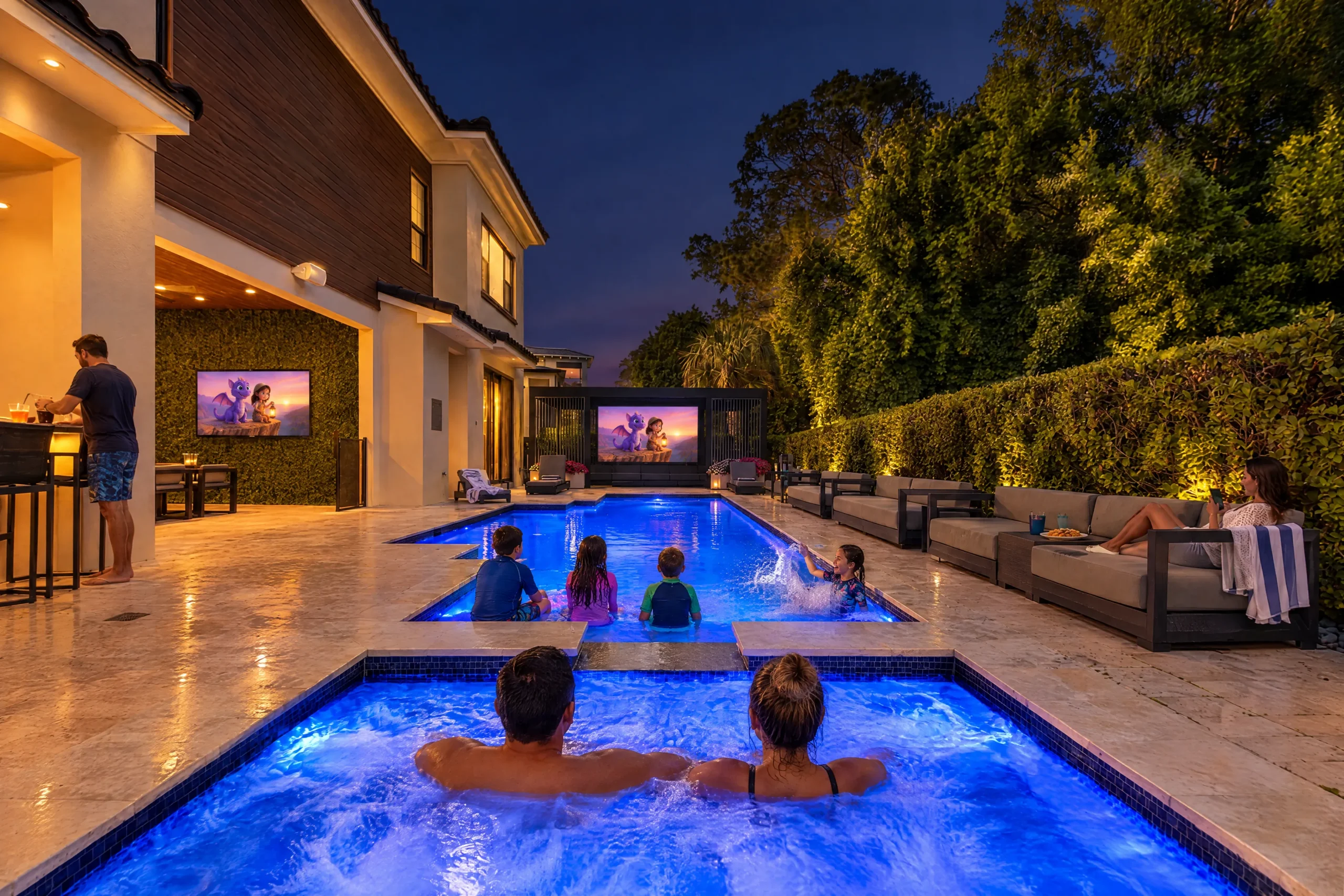 Kids watching a movie from the pool at night while their parents relax in the spa
